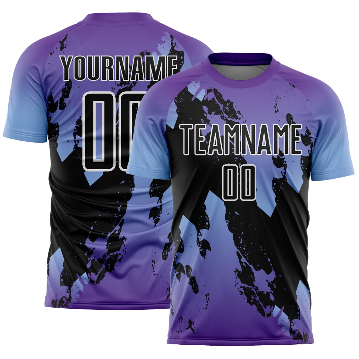 Custom Purple Black Light Blue-White Gradient Splash Sublimation Soccer Uniform Jersey - Main View