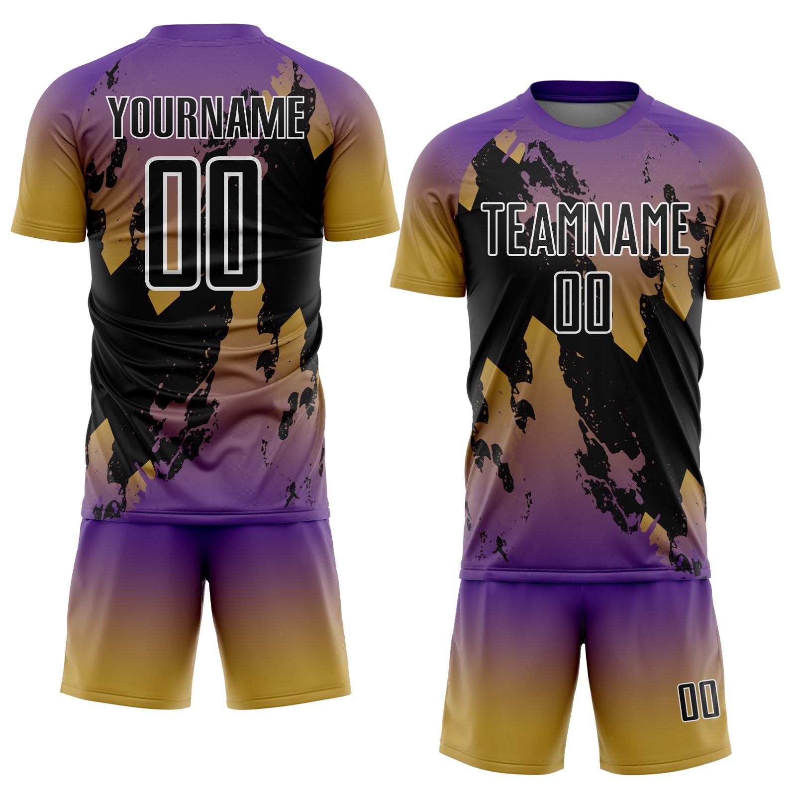 Custom Purple Black Old Gold-White Gradient Splash Sublimation Soccer Uniform Jersey view 2