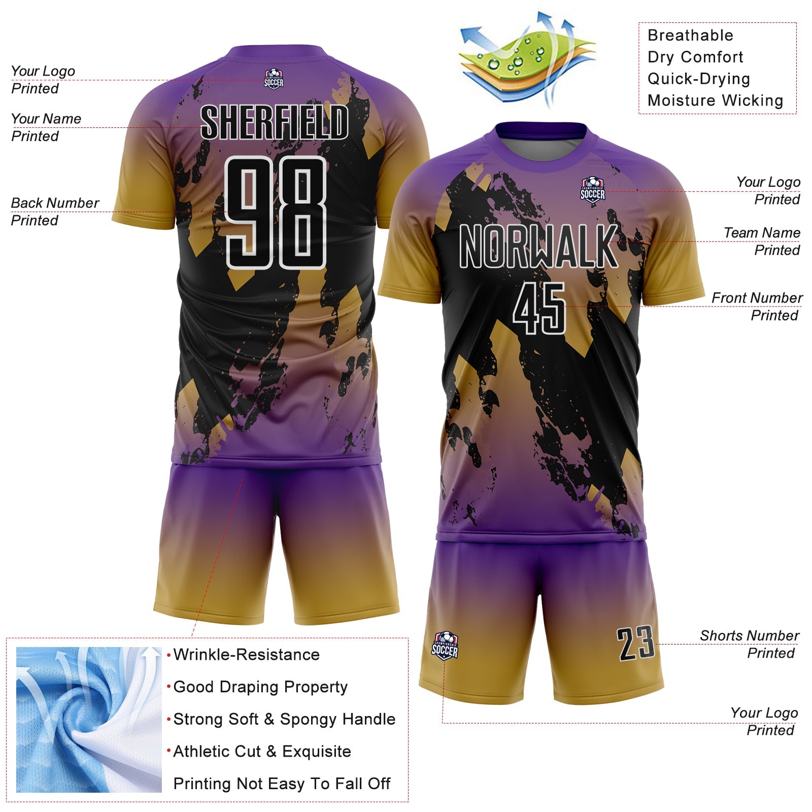 Custom Purple Black Old Gold-White Gradient Splash Sublimation Soccer Uniform Jersey view 4
