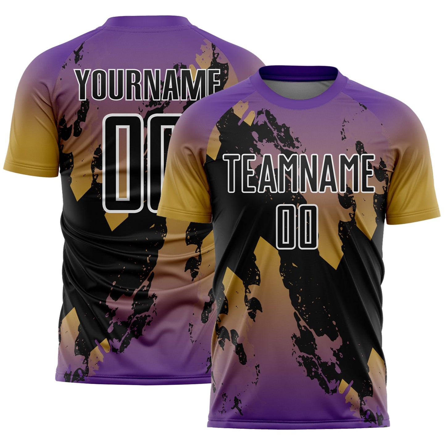 Custom Purple Black Old Gold-White Gradient Splash Sublimation Soccer Uniform Jersey - Main View