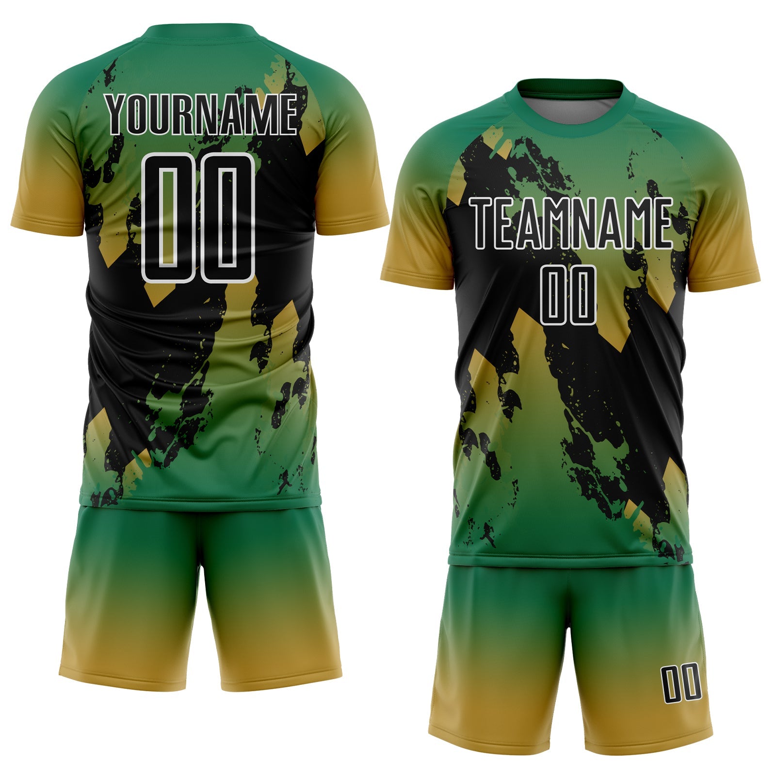 Custom Kelly Green Black Old Gold-White Gradient Splash Sublimation Soccer Uniform Jersey view 2