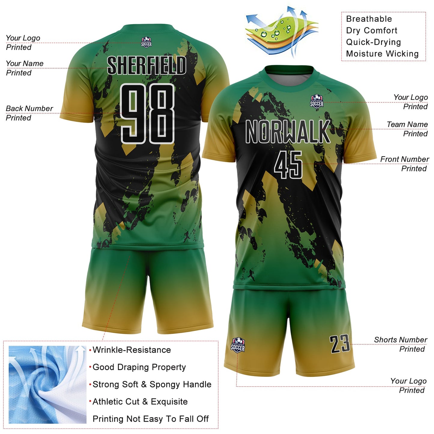 Custom Kelly Green Black Old Gold-White Gradient Splash Sublimation Soccer Uniform Jersey view 4