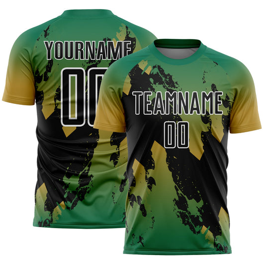 Custom Kelly Green Black Old Gold-White Gradient Splash Sublimation Soccer Uniform Jersey - Main View