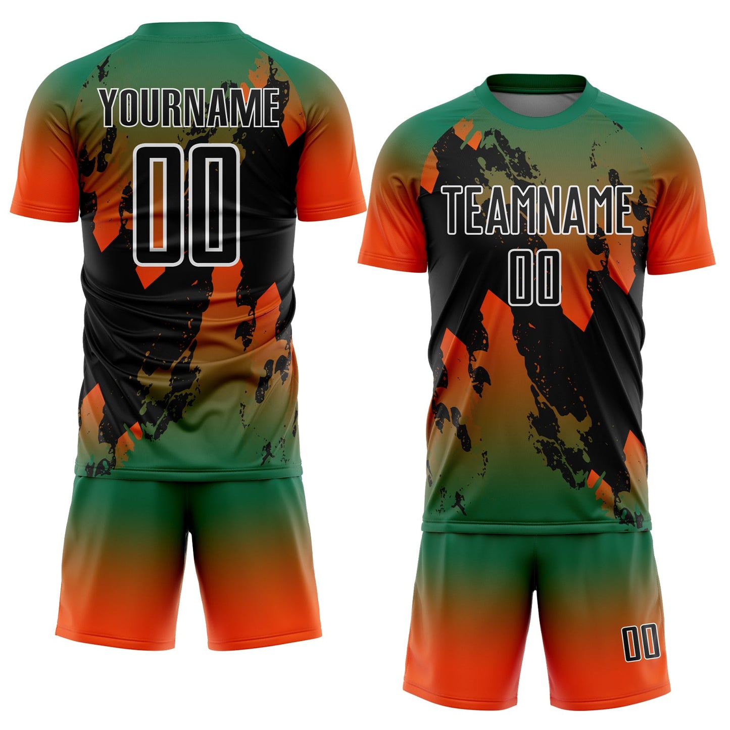 Custom Kelly Green Black Orange-White Gradient Splash Sublimation Soccer Uniform Jersey view 2