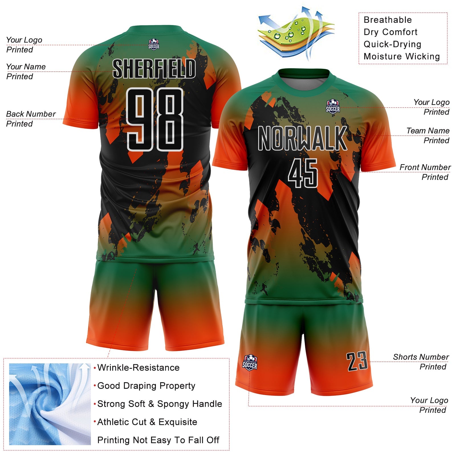 Custom Kelly Green Black Orange-White Gradient Splash Sublimation Soccer Uniform Jersey view 4