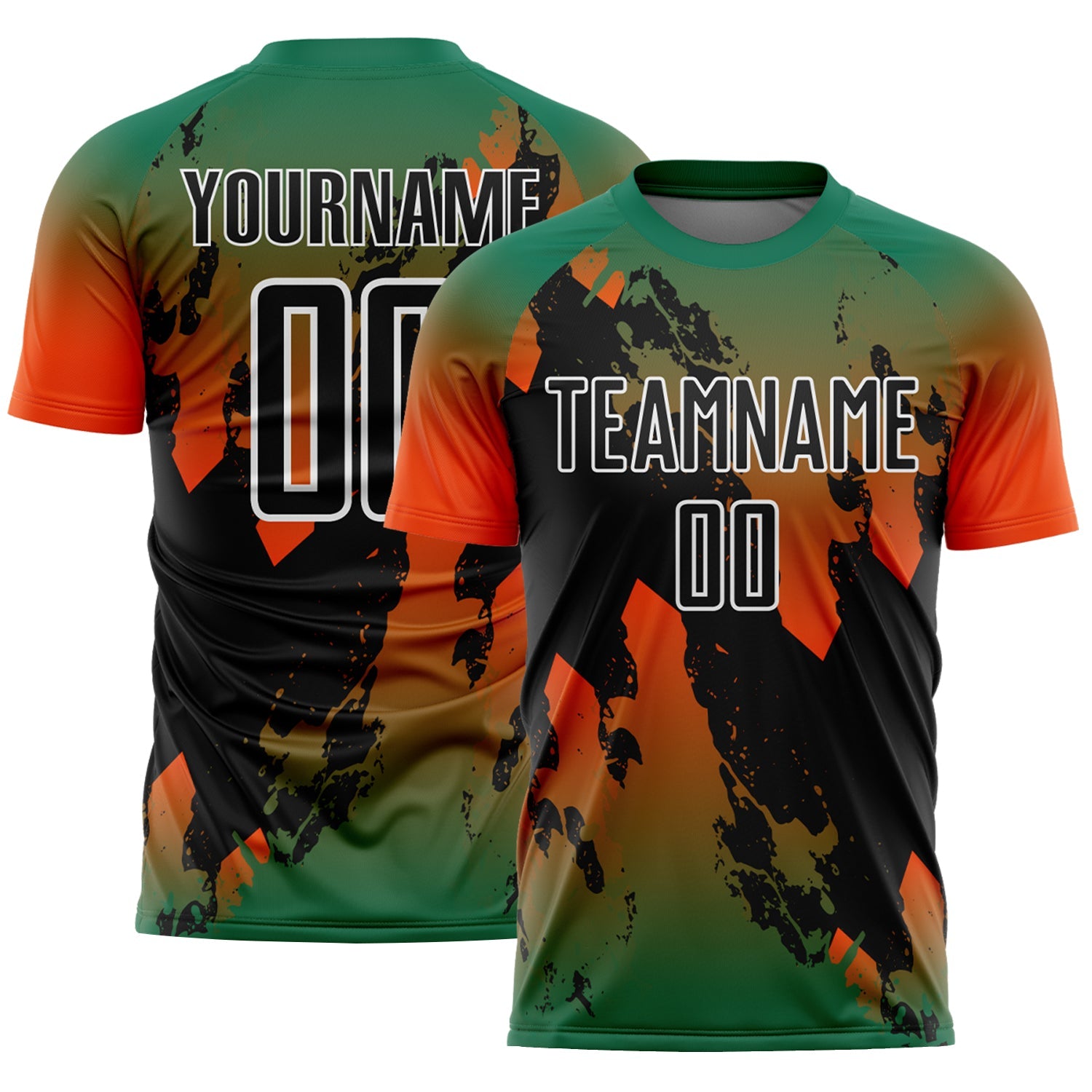 Custom Kelly Green Black Orange-White Gradient Splash Sublimation Soccer Uniform Jersey - Main View