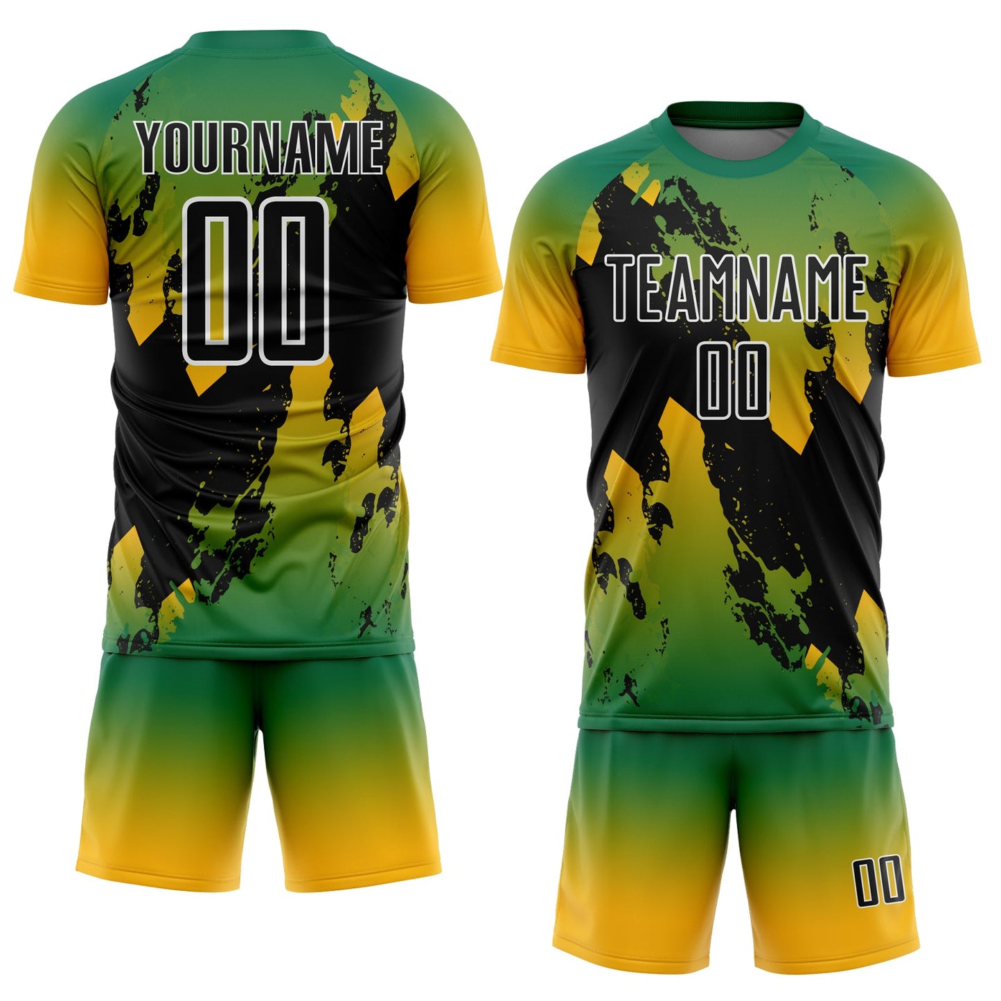 Custom Kelly Green Black Gold-White Gradient Splash Sublimation Soccer Uniform Jersey view 2