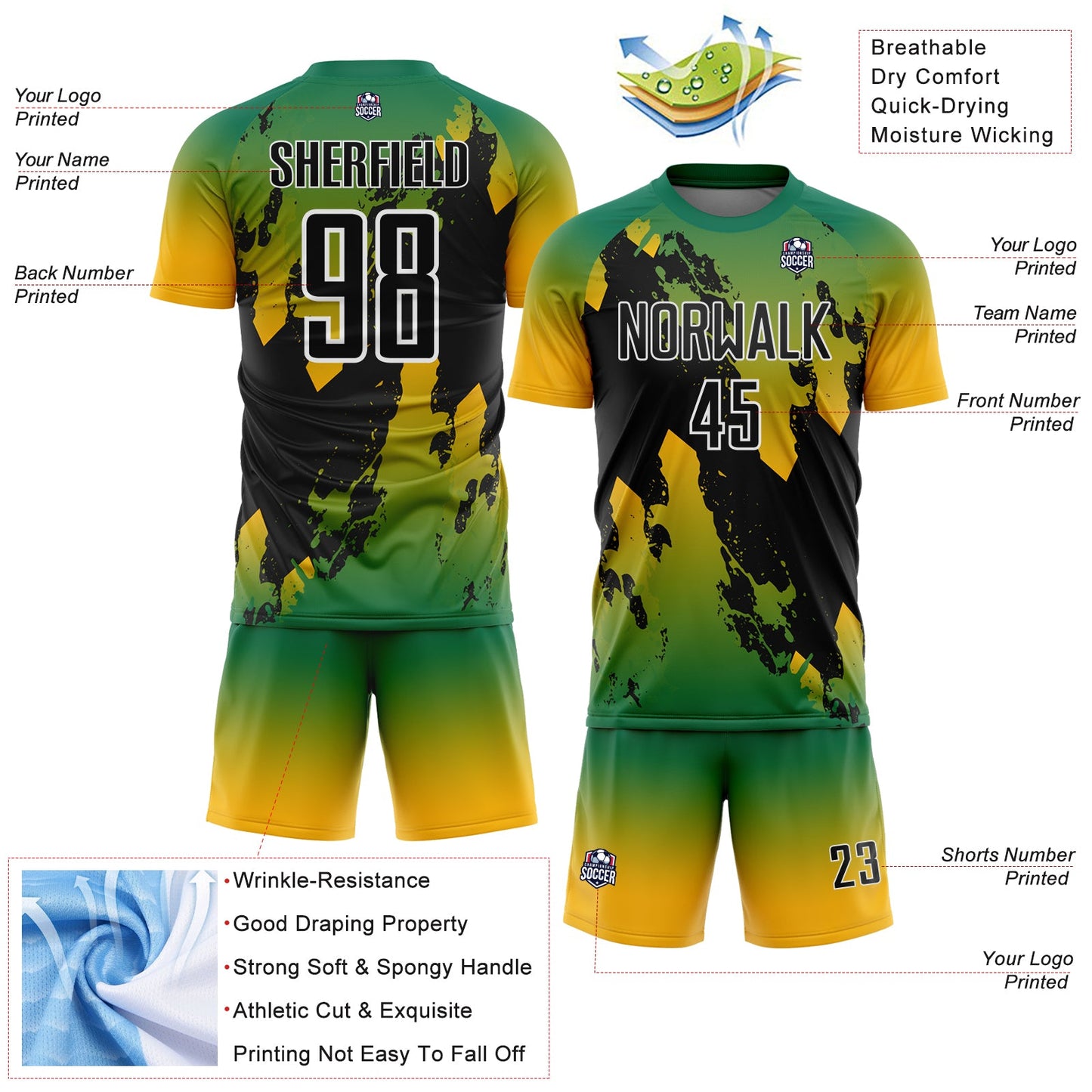 Custom Kelly Green Black Gold-White Gradient Splash Sublimation Soccer Uniform Jersey view 4