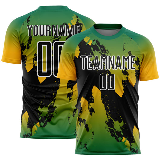 Custom Kelly Green Black Gold-White Gradient Splash Sublimation Soccer Uniform Jersey - Main View