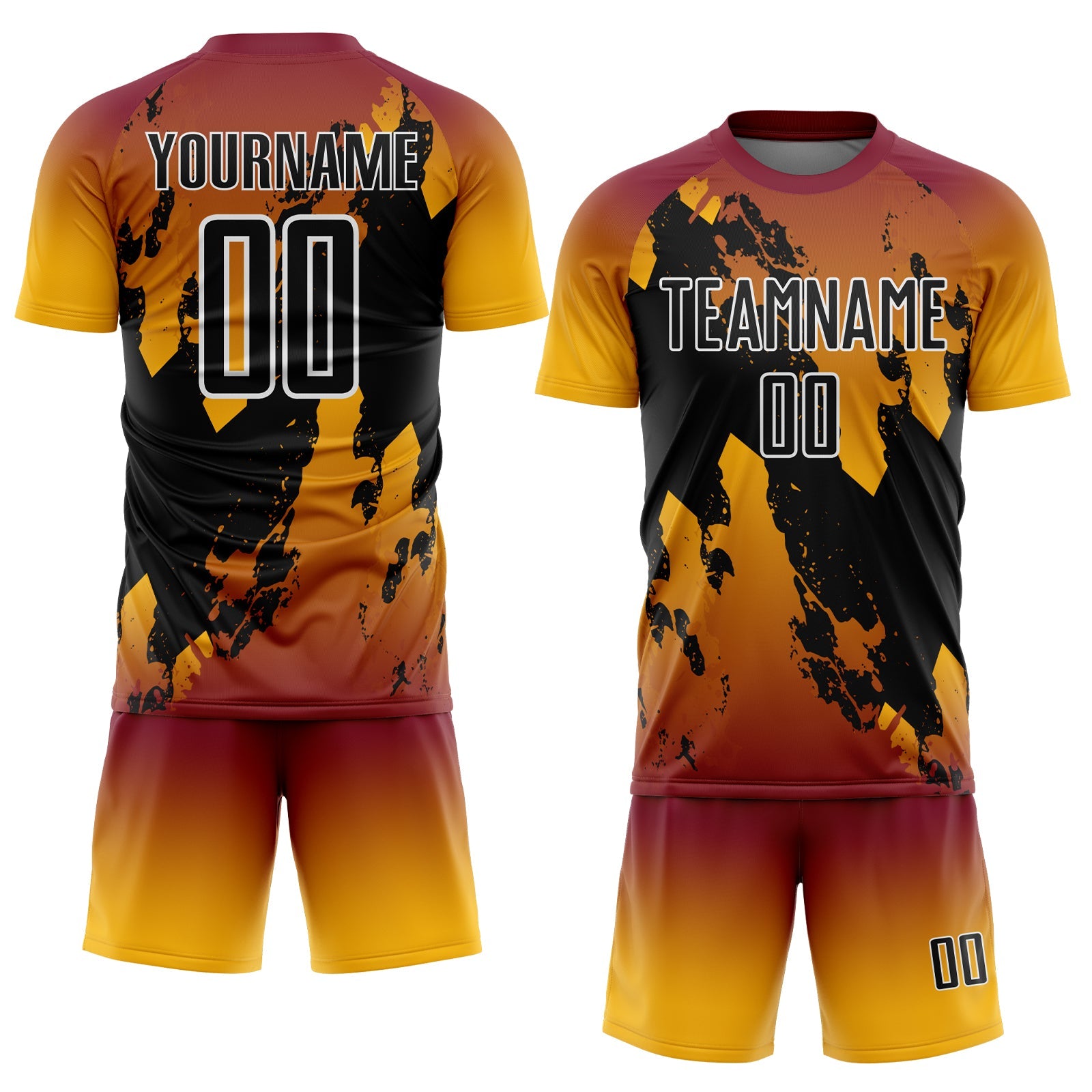 Custom Crimson Black Gold-White Gradient Splash Sublimation Soccer Uniform Jersey view 2