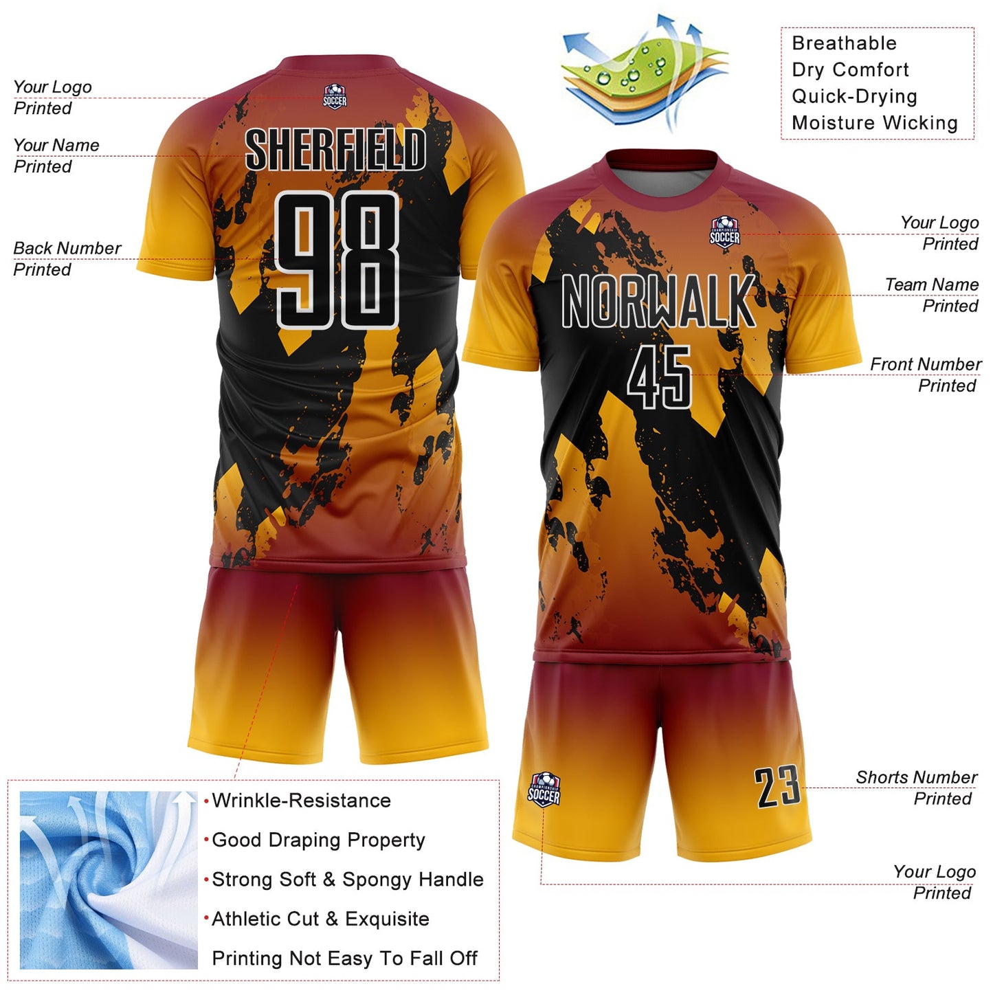 Custom Crimson Black Gold-White Gradient Splash Sublimation Soccer Uniform Jersey view 4