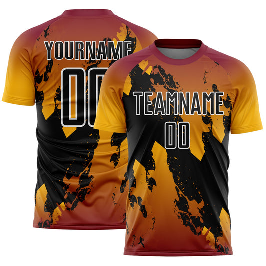 Custom Crimson Black Gold-White Gradient Splash Sublimation Soccer Uniform Jersey - Main View