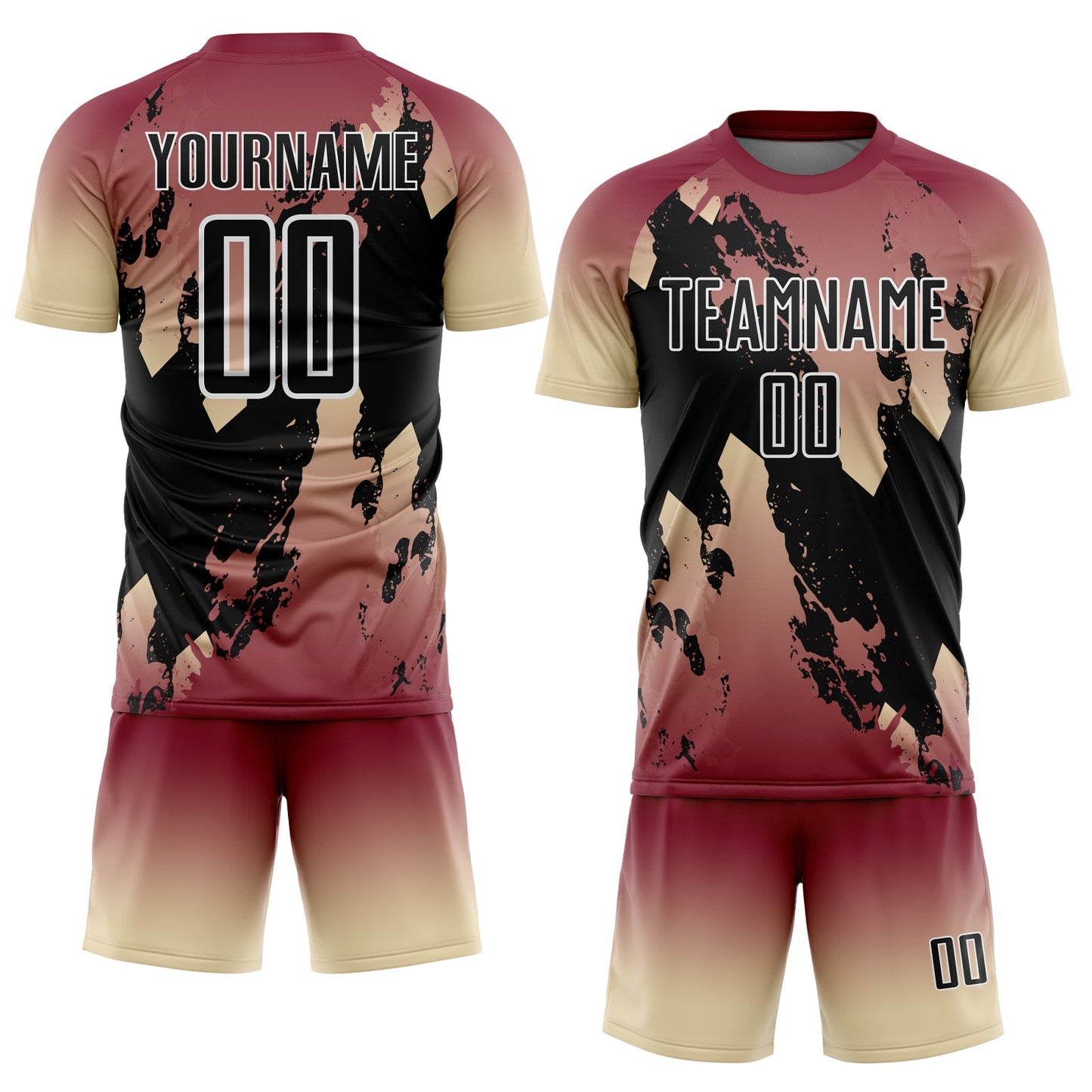 Custom Crimson Black Cream-White Gradient Splash Sublimation Soccer Uniform Jersey view 2