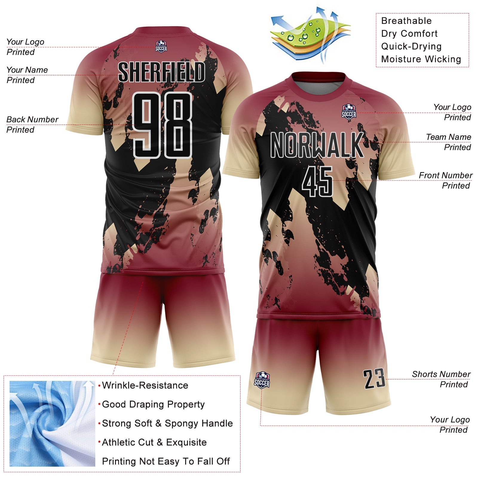 Custom Crimson Black Cream-White Gradient Splash Sublimation Soccer Uniform Jersey view 4