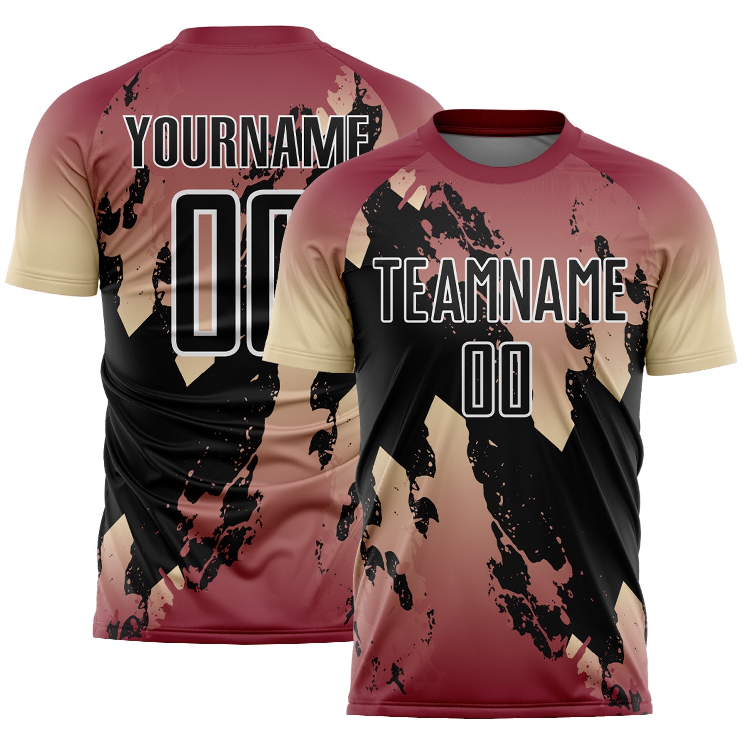 Custom Crimson Black Cream-White Gradient Splash Sublimation Soccer Uniform Jersey - Main View