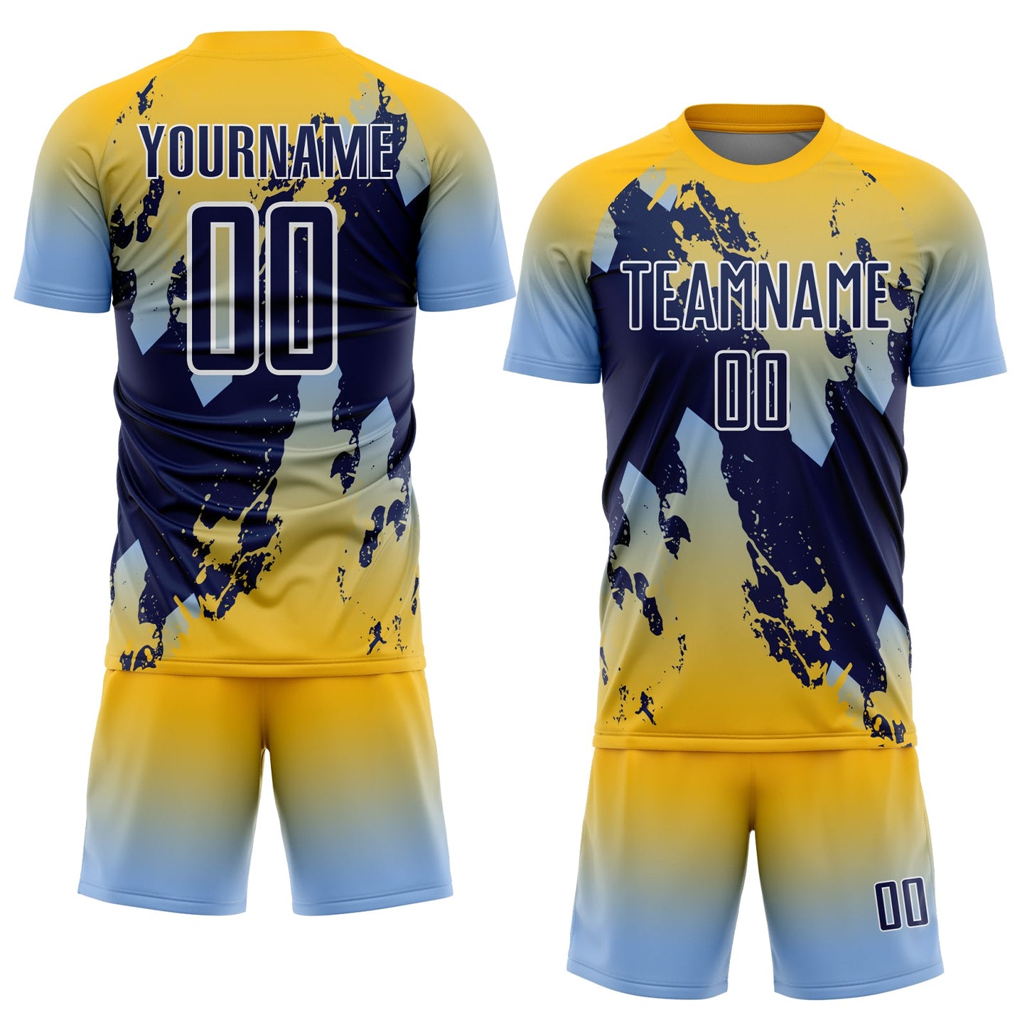Custom Gold Navy Light Blue-White Gradient Splash Sublimation Soccer Uniform Jersey view 2