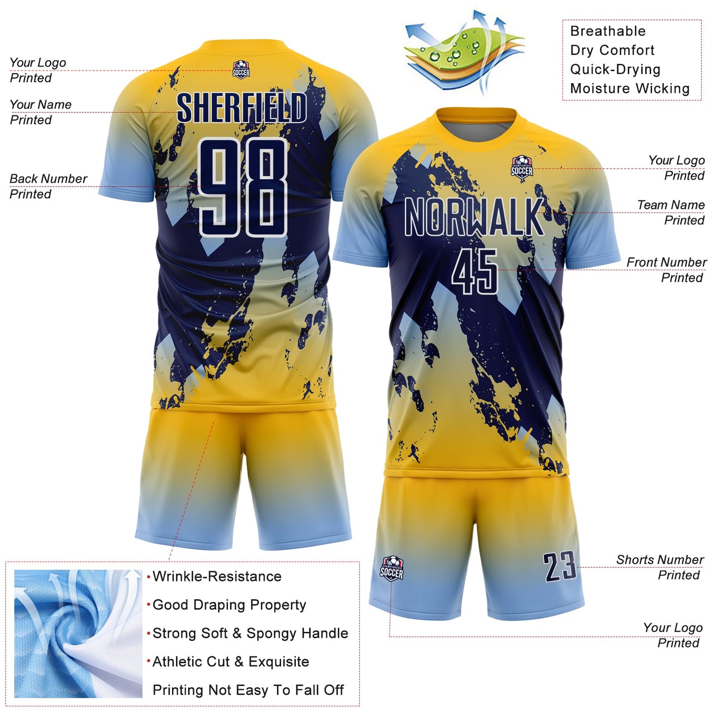 Custom Gold Navy Light Blue-White Gradient Splash Sublimation Soccer Uniform Jersey view 4