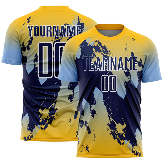 Custom Gold Navy Light Blue-White Gradient Splash Sublimation Soccer Uniform Jersey - Main View