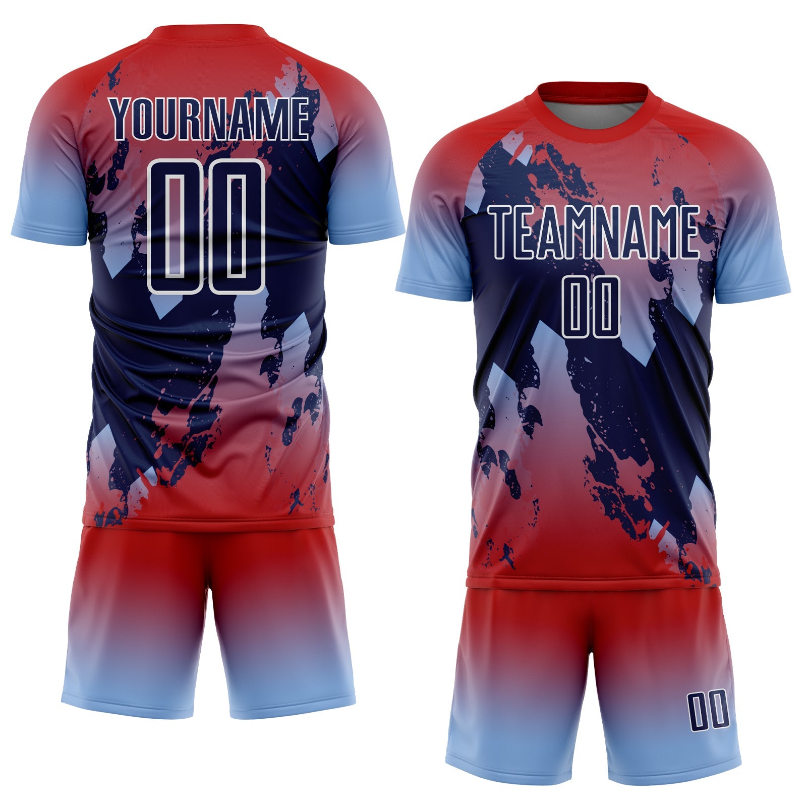 Custom Red Navy Light Blue-White Gradient Splash Sublimation Soccer Uniform Jersey view 2