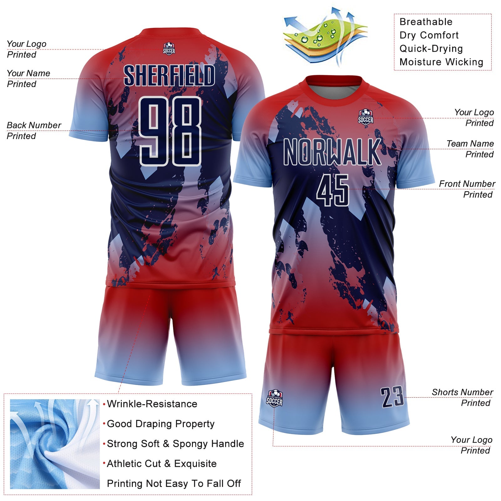 Custom Red Navy Light Blue-White Gradient Splash Sublimation Soccer Uniform Jersey view 4