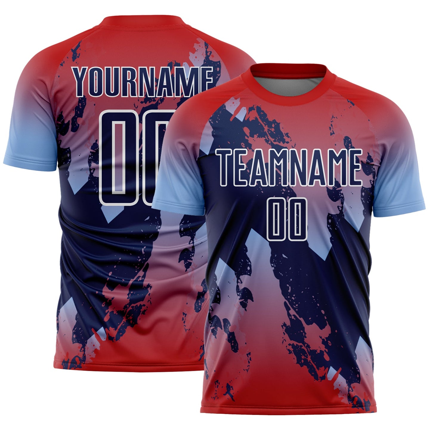 Custom Red Navy Light Blue-White Gradient Splash Sublimation Soccer Uniform Jersey - Main View