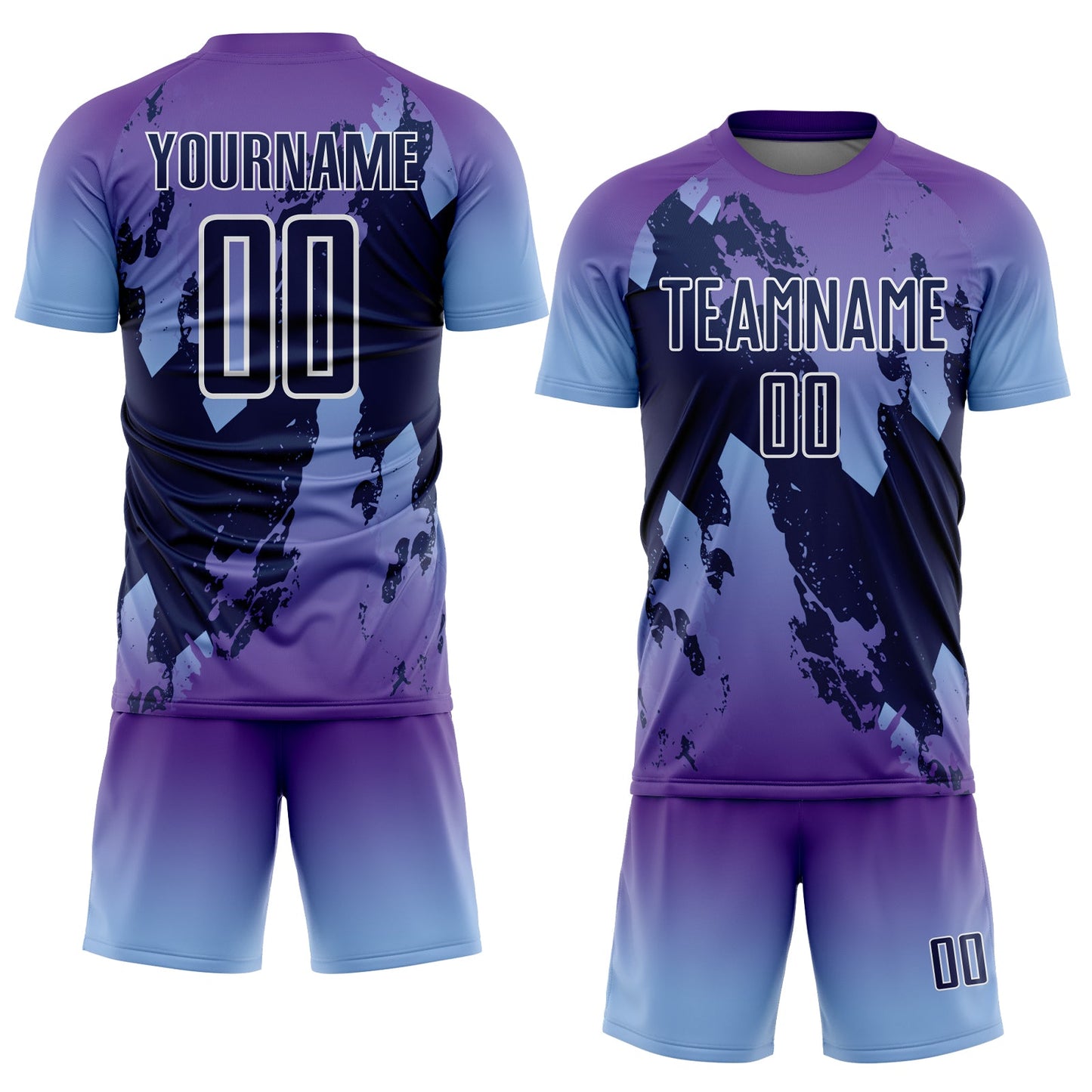 Custom Purple Navy Light Blue-White Gradient Splash Sublimation Soccer Uniform Jersey view 2