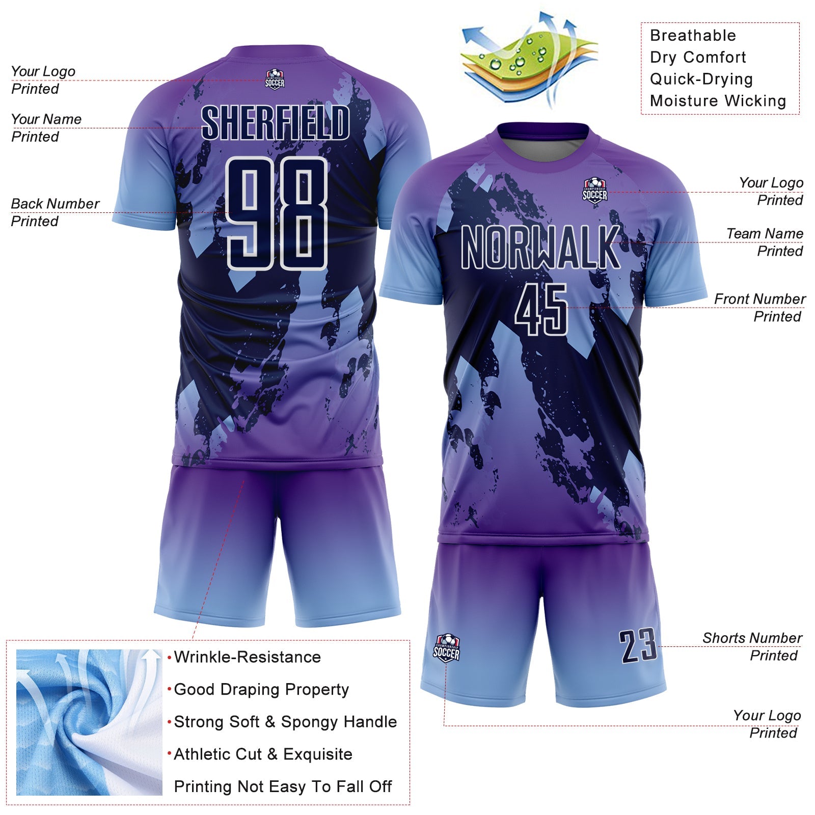 Custom Purple Navy Light Blue-White Gradient Splash Sublimation Soccer Uniform Jersey view 4
