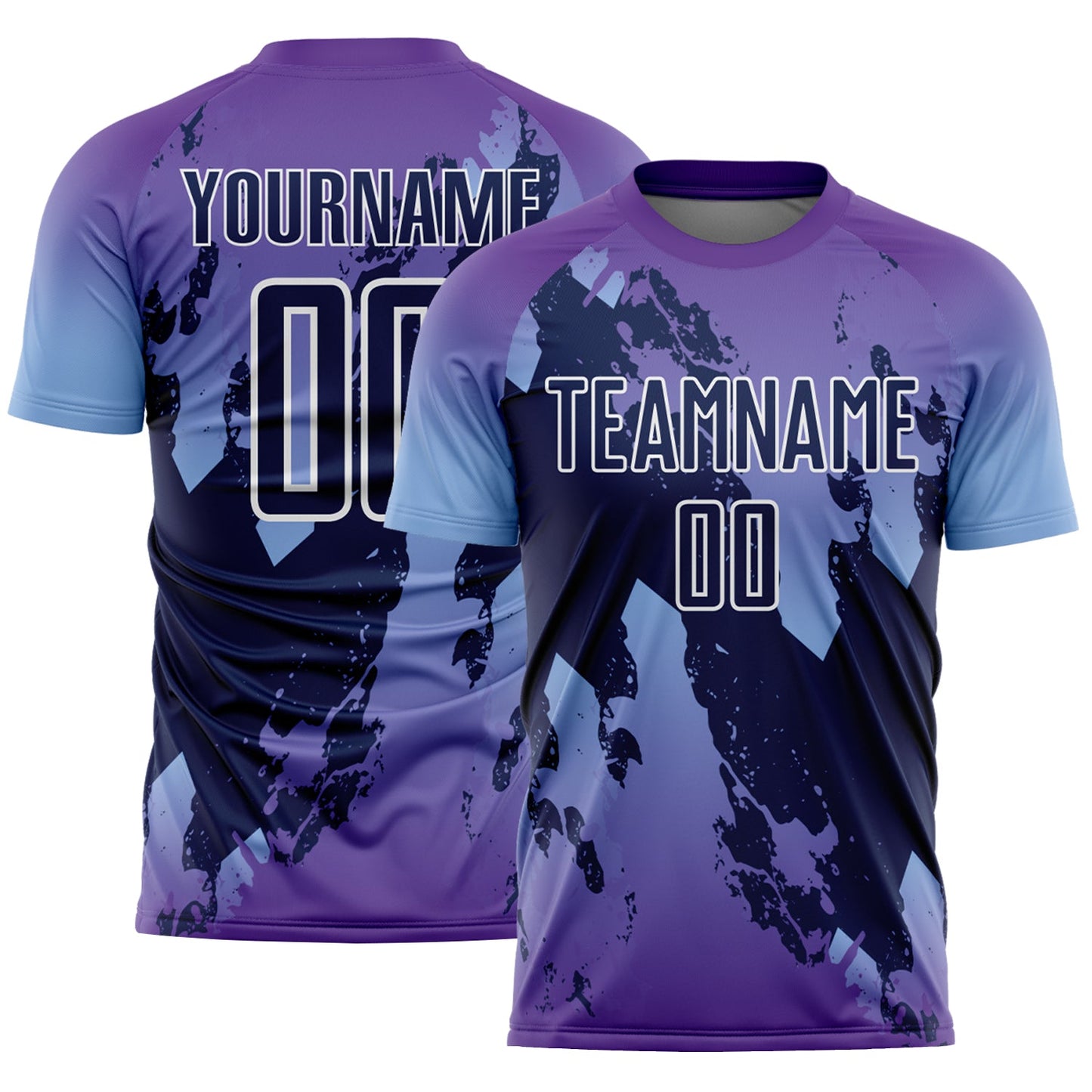 Custom Purple Navy Light Blue-White Gradient Splash Sublimation Soccer Uniform Jersey - Main View