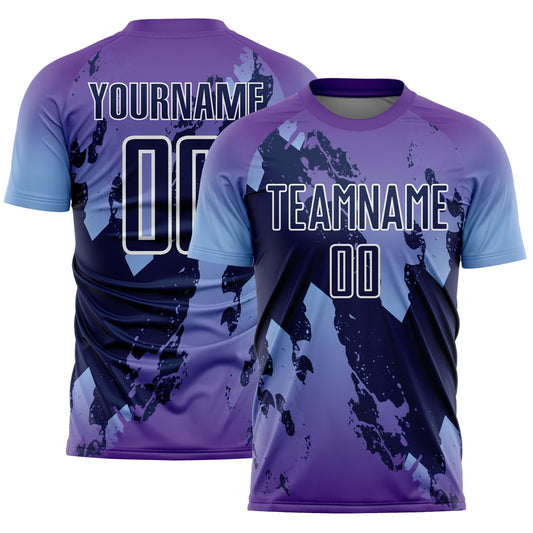 Custom Purple Navy Light Blue-White Gradient Splash Sublimation Soccer Uniform Jersey - Main View