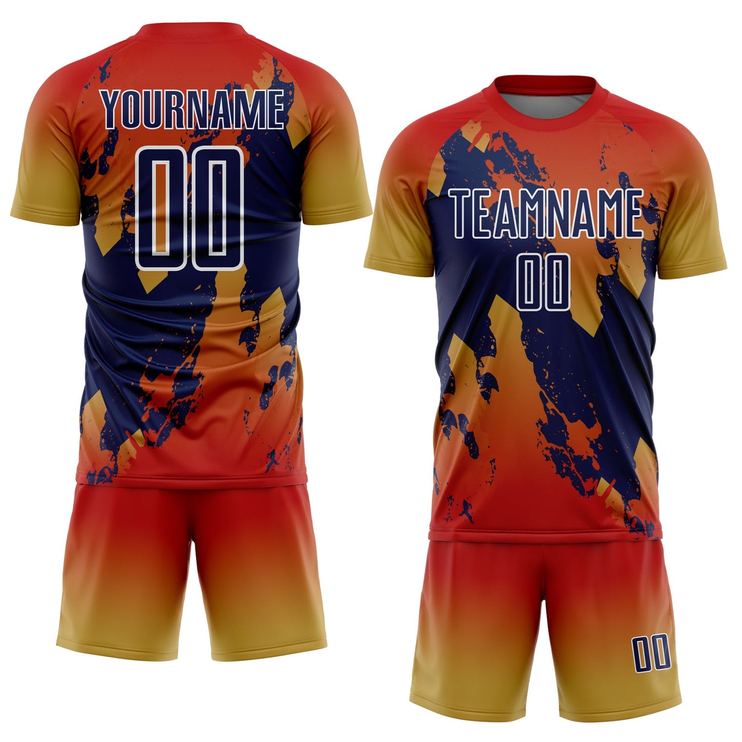 Custom Red Navy Old Gold-White Gradient Splash Sublimation Soccer Uniform Jersey view 2