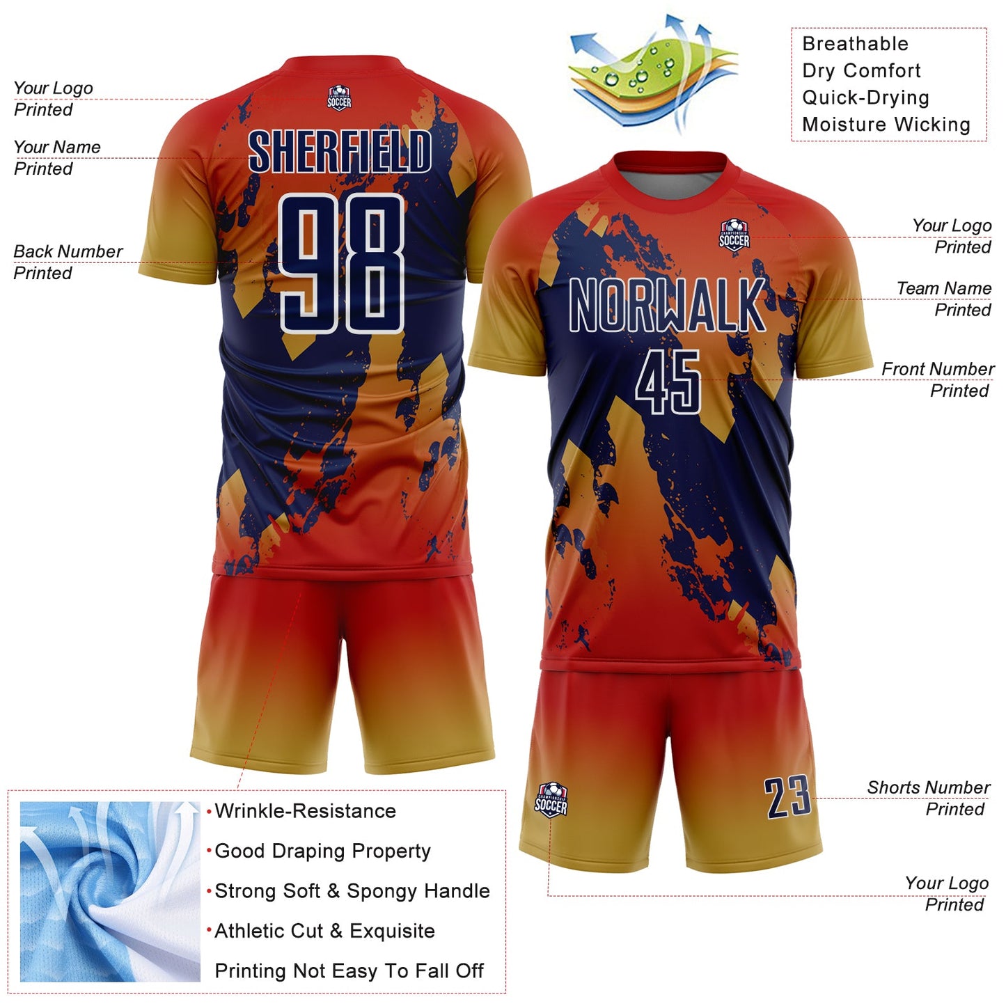 Custom Red Navy Old Gold-White Gradient Splash Sublimation Soccer Uniform Jersey view 4