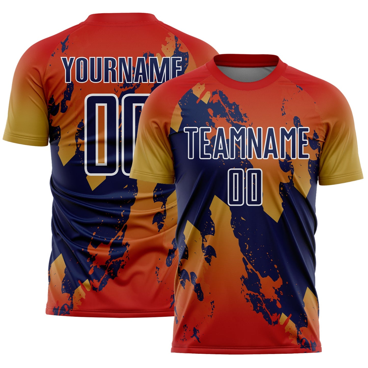 Custom Red Navy Old Gold-White Gradient Splash Sublimation Soccer Uniform Jersey - Main View