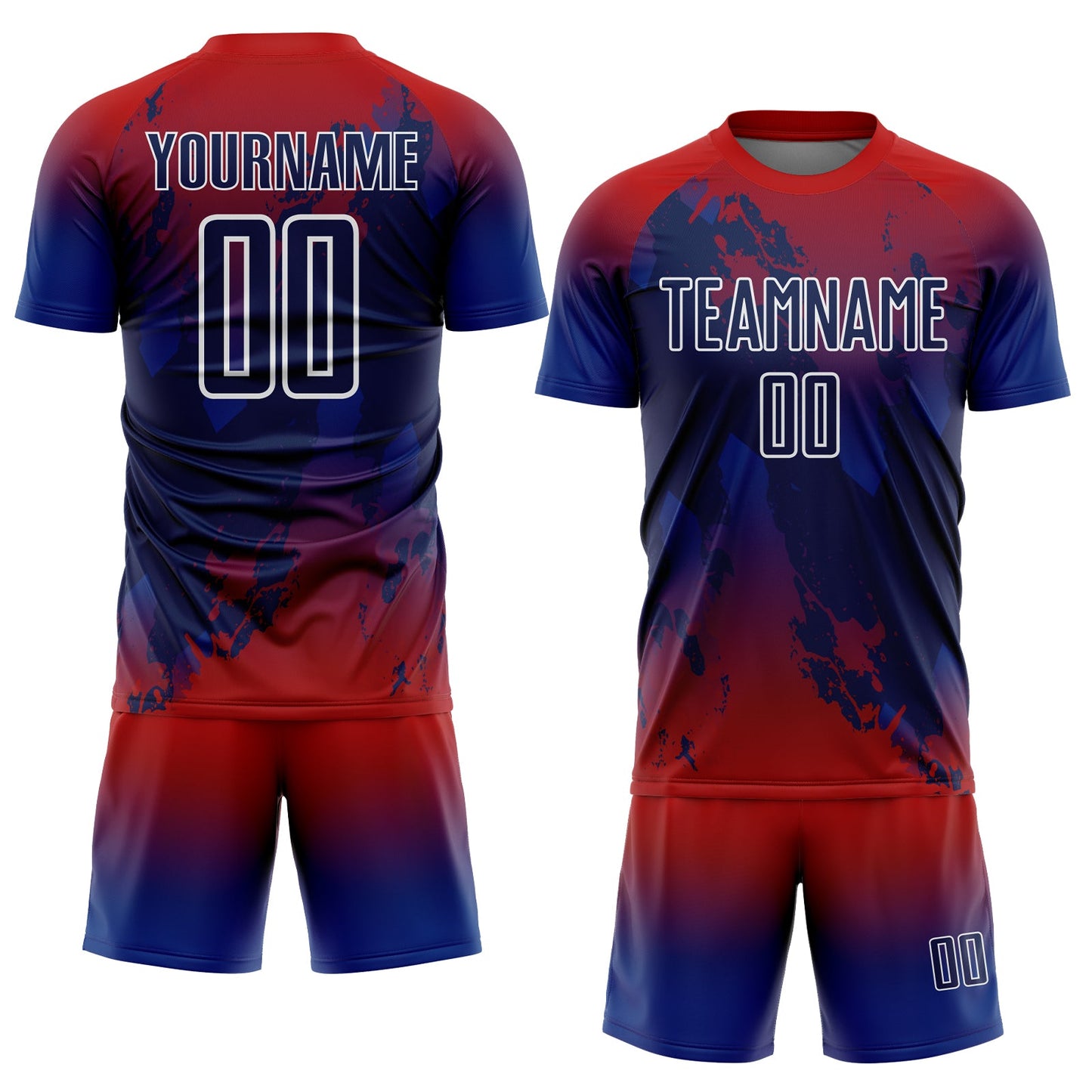 Custom Red Navy Royal-White Gradient Splash Sublimation Soccer Uniform Jersey view 2