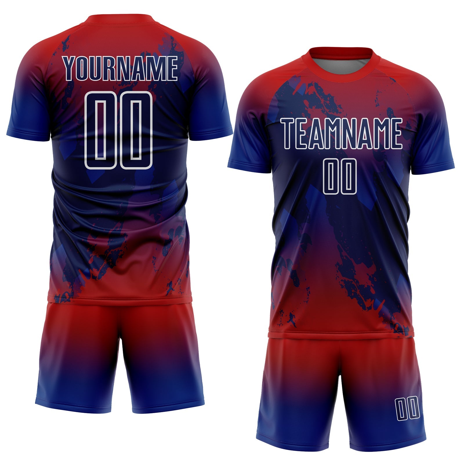 Custom Red Navy Royal-White Gradient Splash Sublimation Soccer Uniform Jersey view 2