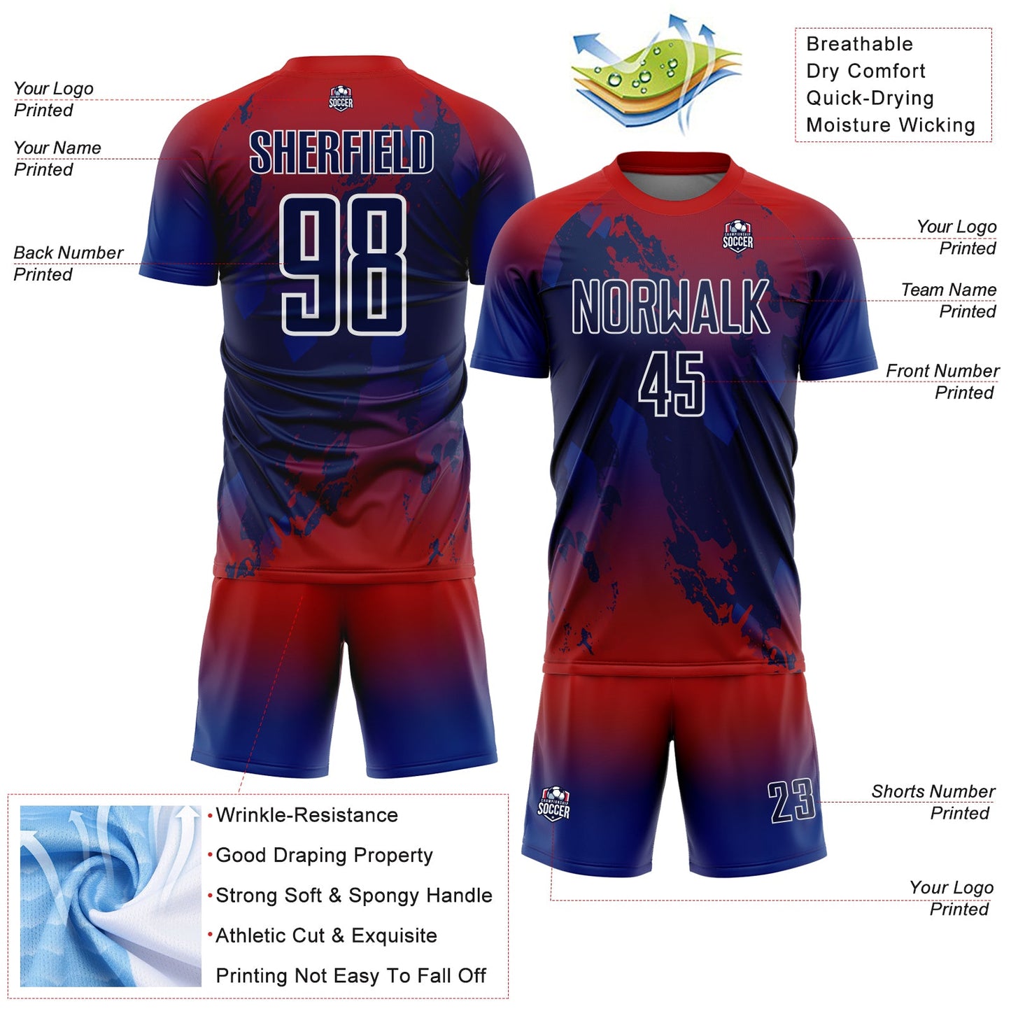 Custom Red Navy Royal-White Gradient Splash Sublimation Soccer Uniform Jersey view 4