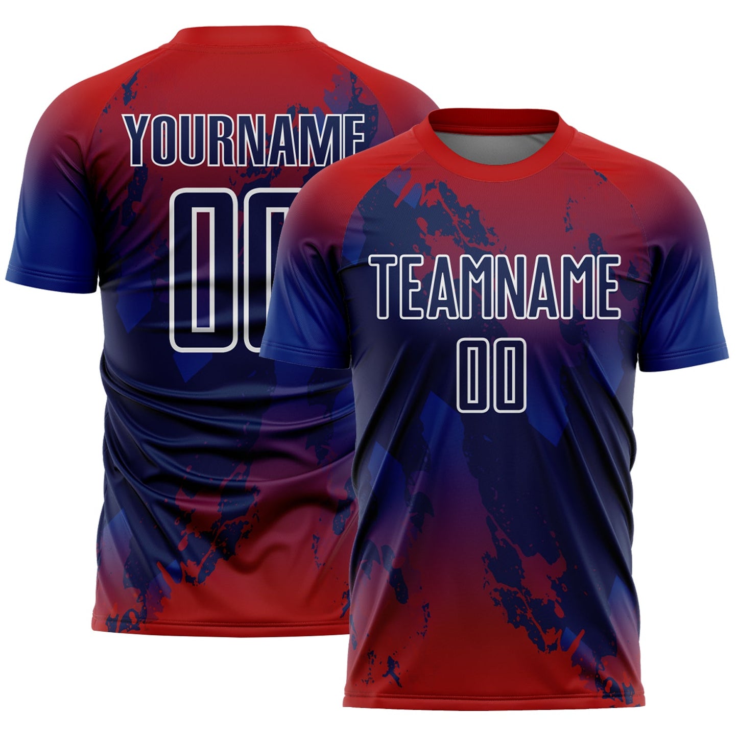 Custom Red Navy Royal-White Gradient Splash Sublimation Soccer Uniform Jersey - Main View