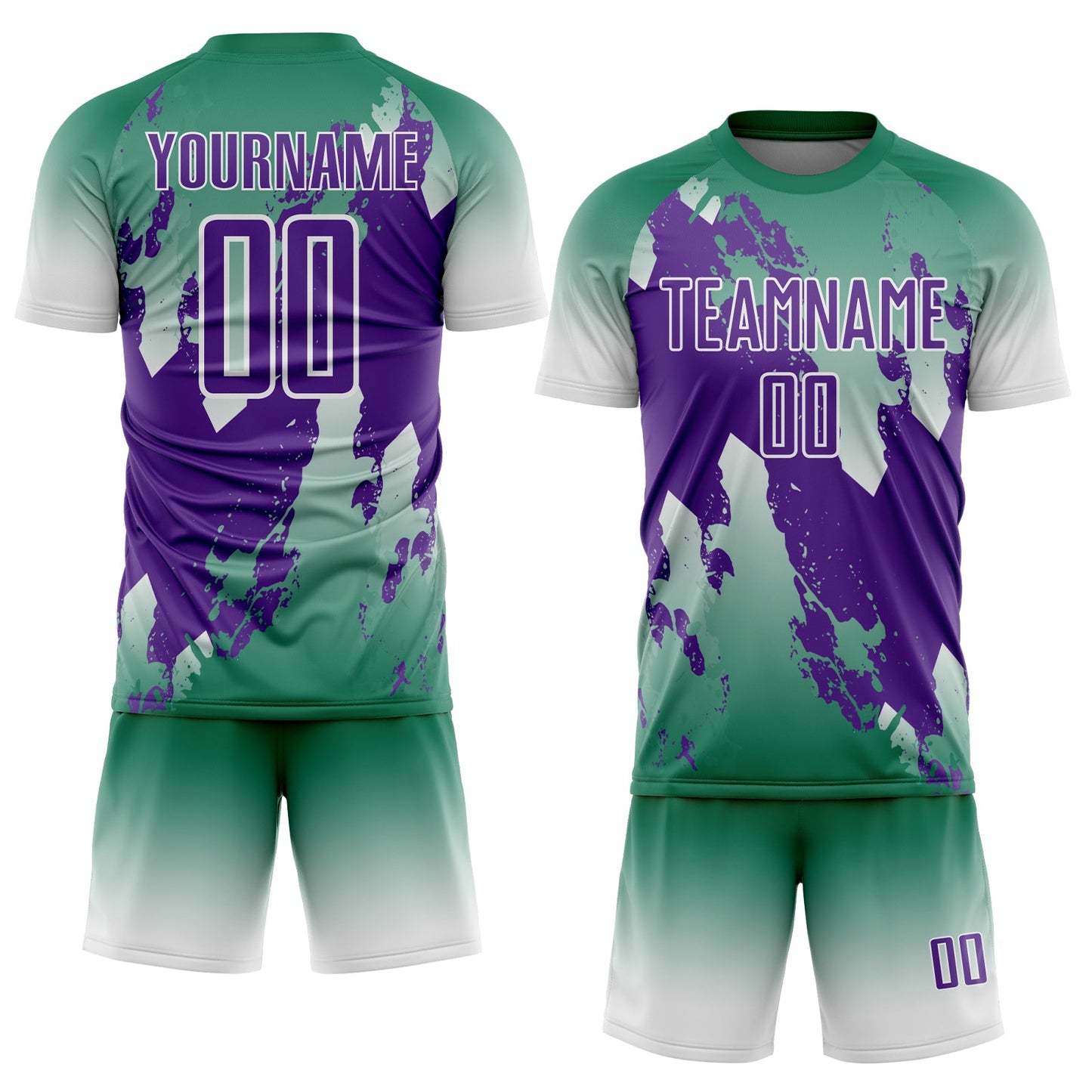 Custom Kelly Green Purple-White Gradient Splash Sublimation Soccer Uniform Jersey view 2