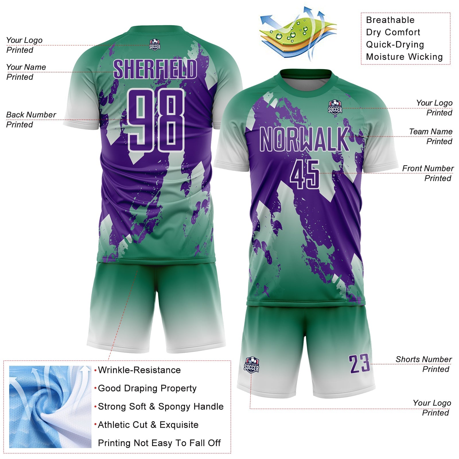 Custom Kelly Green Purple-White Gradient Splash Sublimation Soccer Uniform Jersey view 4