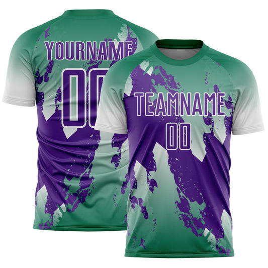 Custom Kelly Green Purple-White Gradient Splash Sublimation Soccer Uniform Jersey - Main View