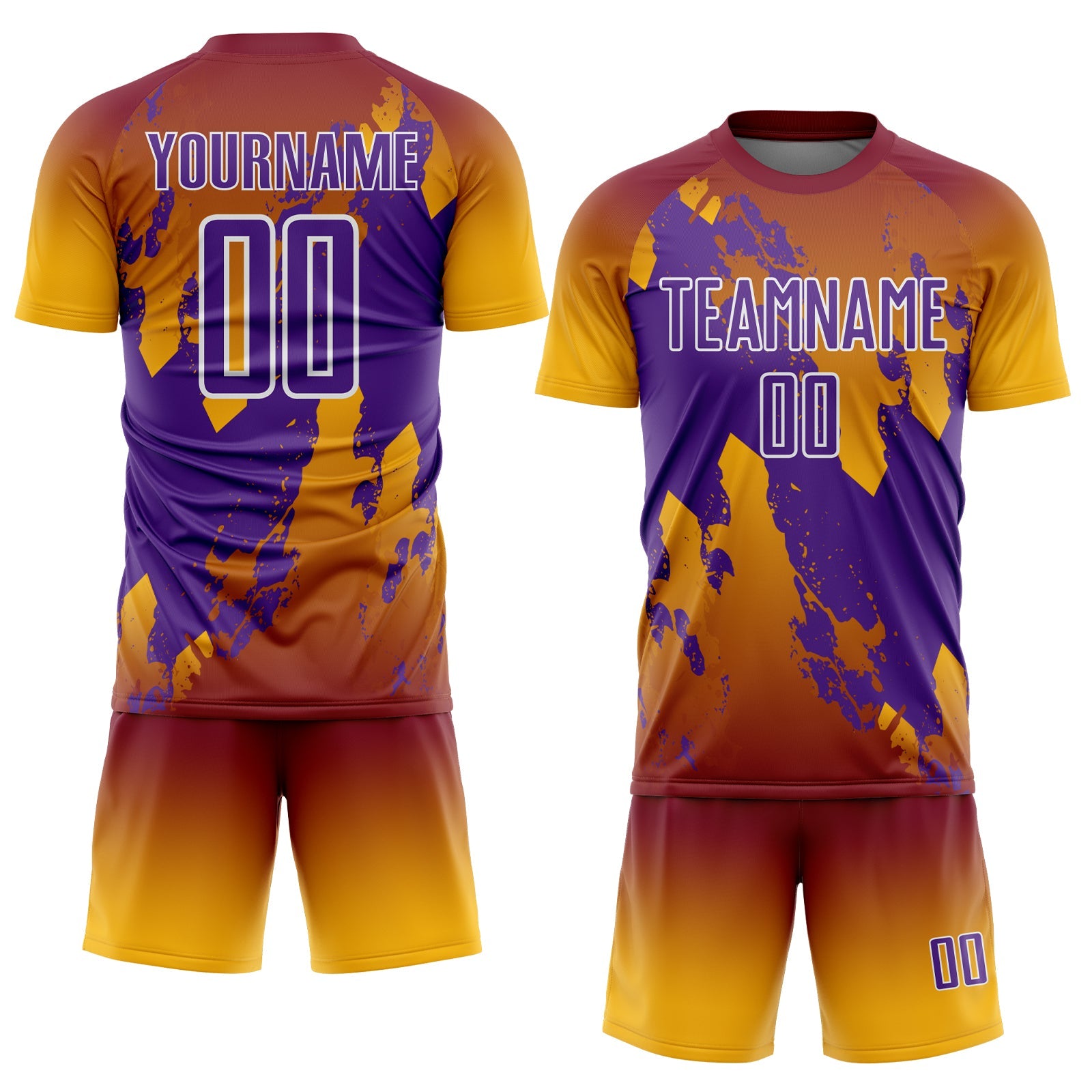 Custom Crimson Purple Gold-White Gradient Splash Sublimation Soccer Uniform Jersey view 2