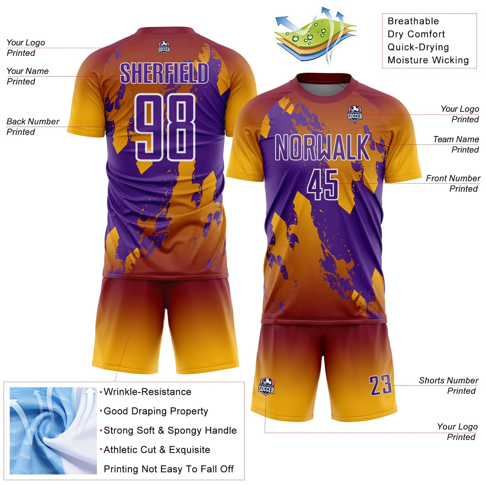 Custom Crimson Purple Gold-White Gradient Splash Sublimation Soccer Uniform Jersey view 4