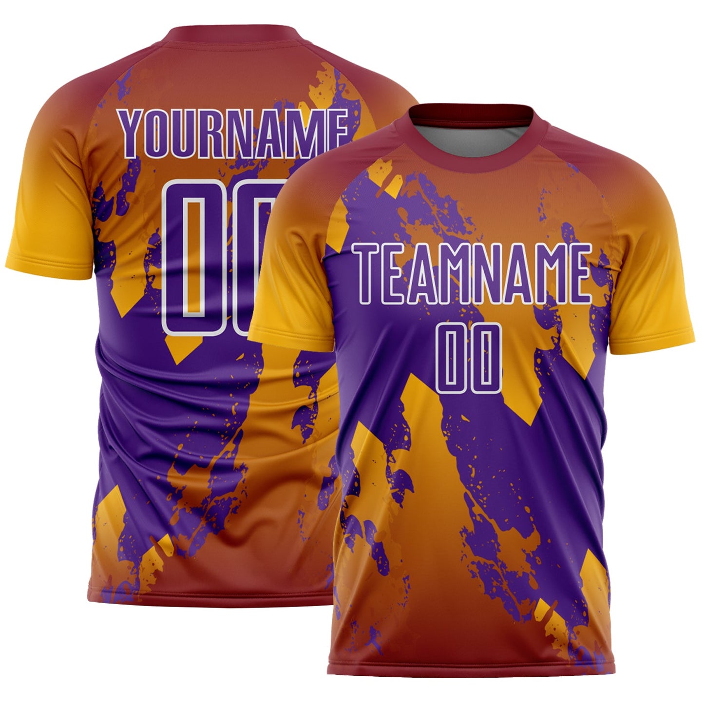 Custom Crimson Purple Gold-White Gradient Splash Sublimation Soccer Uniform Jersey - Main View