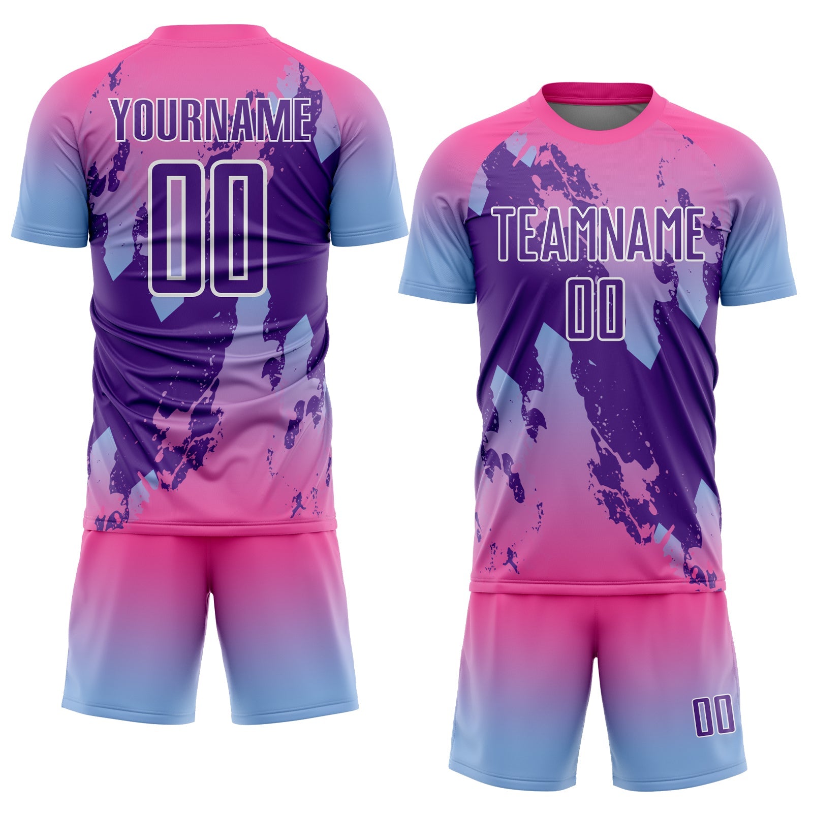 Custom Pink Purple Light Blue-White Gradient Splash Sublimation Soccer Uniform Jersey view 2