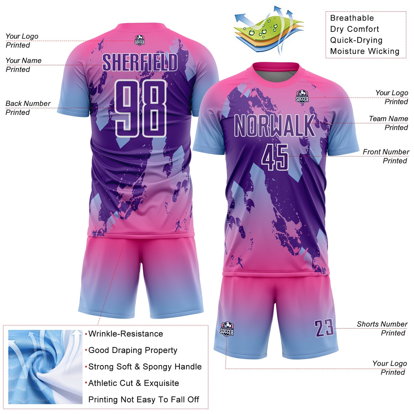 Custom Pink Purple Light Blue-White Gradient Splash Sublimation Soccer Uniform Jersey view 4