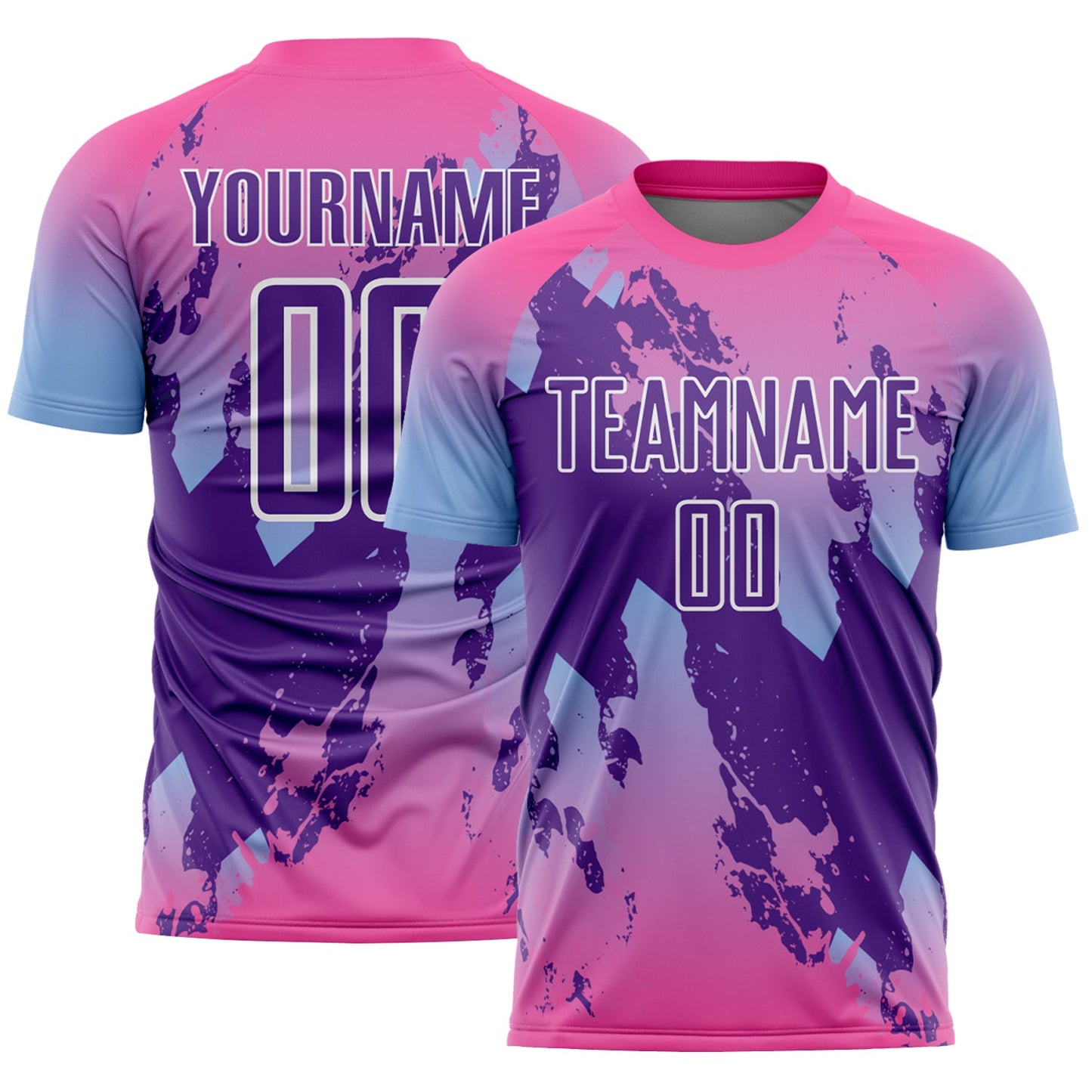 Custom Pink Purple Light Blue-White Gradient Splash Sublimation Soccer Uniform Jersey - Main View
