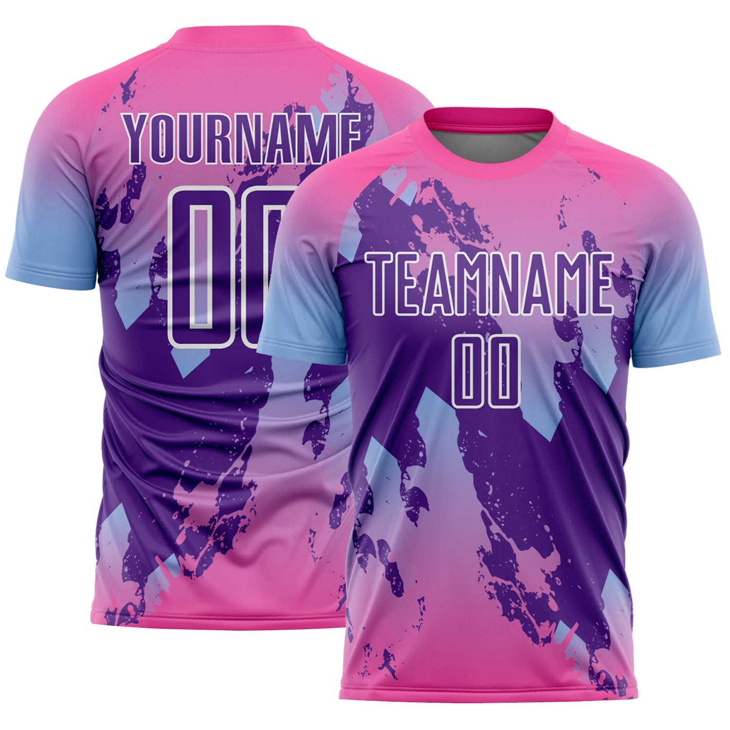 Custom Pink Purple Light Blue-White Gradient Splash Sublimation Soccer Uniform Jersey - Main View