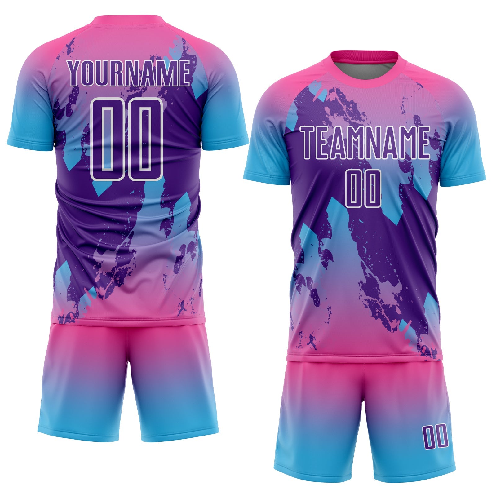 Custom Pink Purple Sky Blue-White Gradient Splash Sublimation Soccer Uniform Jersey view 2