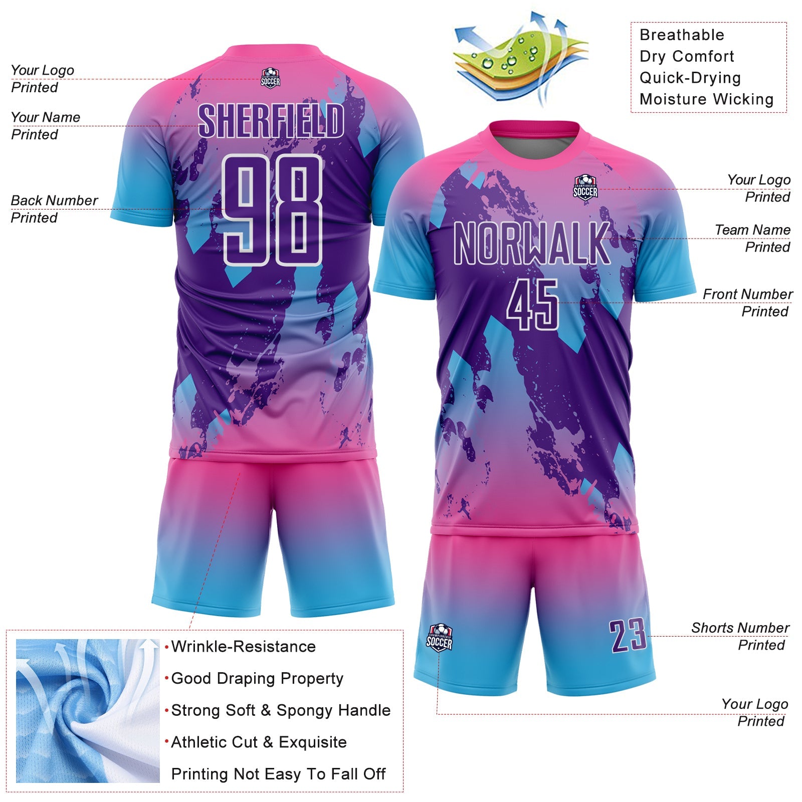 Custom Pink Purple Sky Blue-White Gradient Splash Sublimation Soccer Uniform Jersey view 4