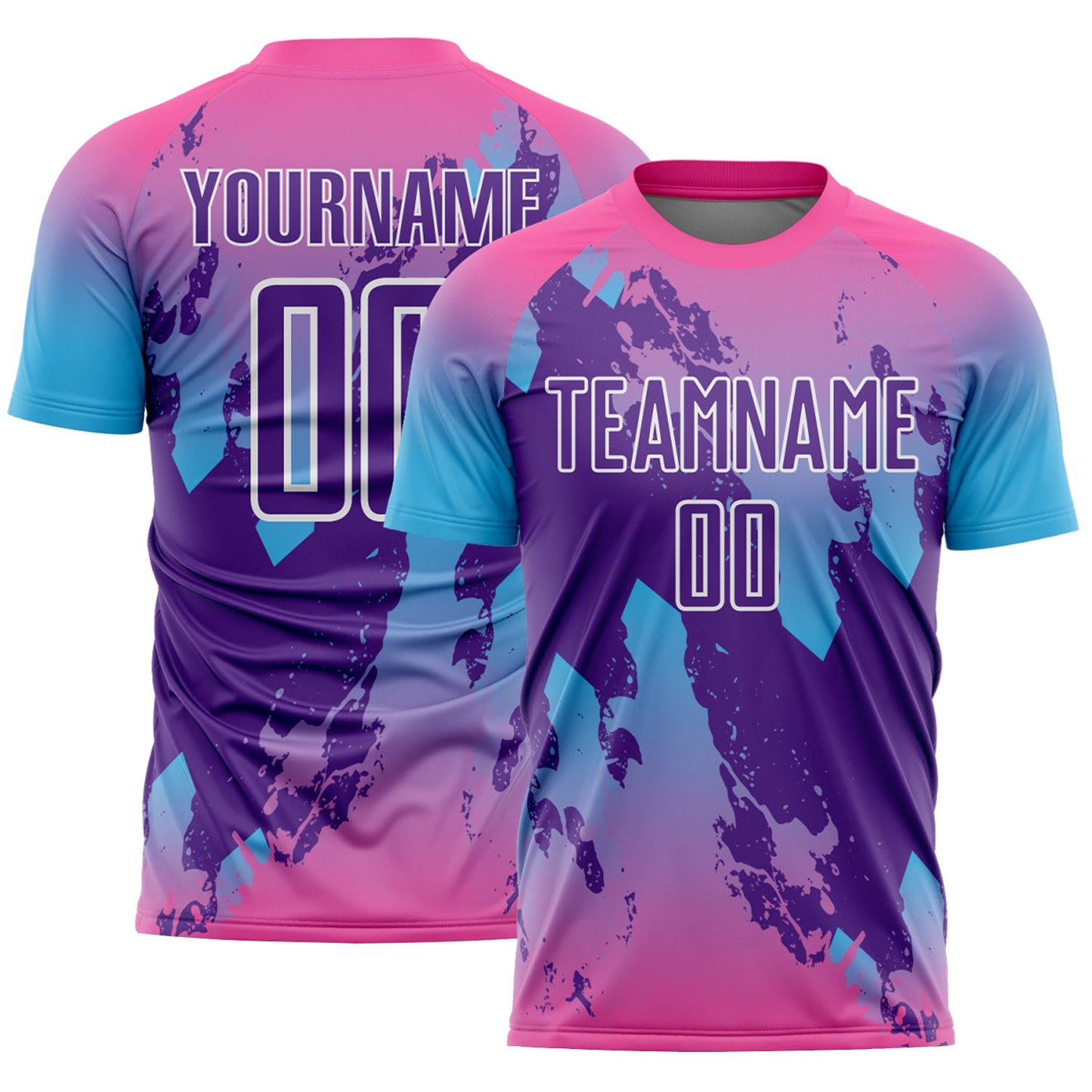 Custom Pink Purple Sky Blue-White Gradient Splash Sublimation Soccer Uniform Jersey - Main View