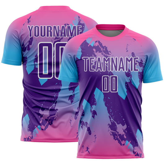 Custom Pink Purple Sky Blue-White Gradient Splash Sublimation Soccer Uniform Jersey - Main View